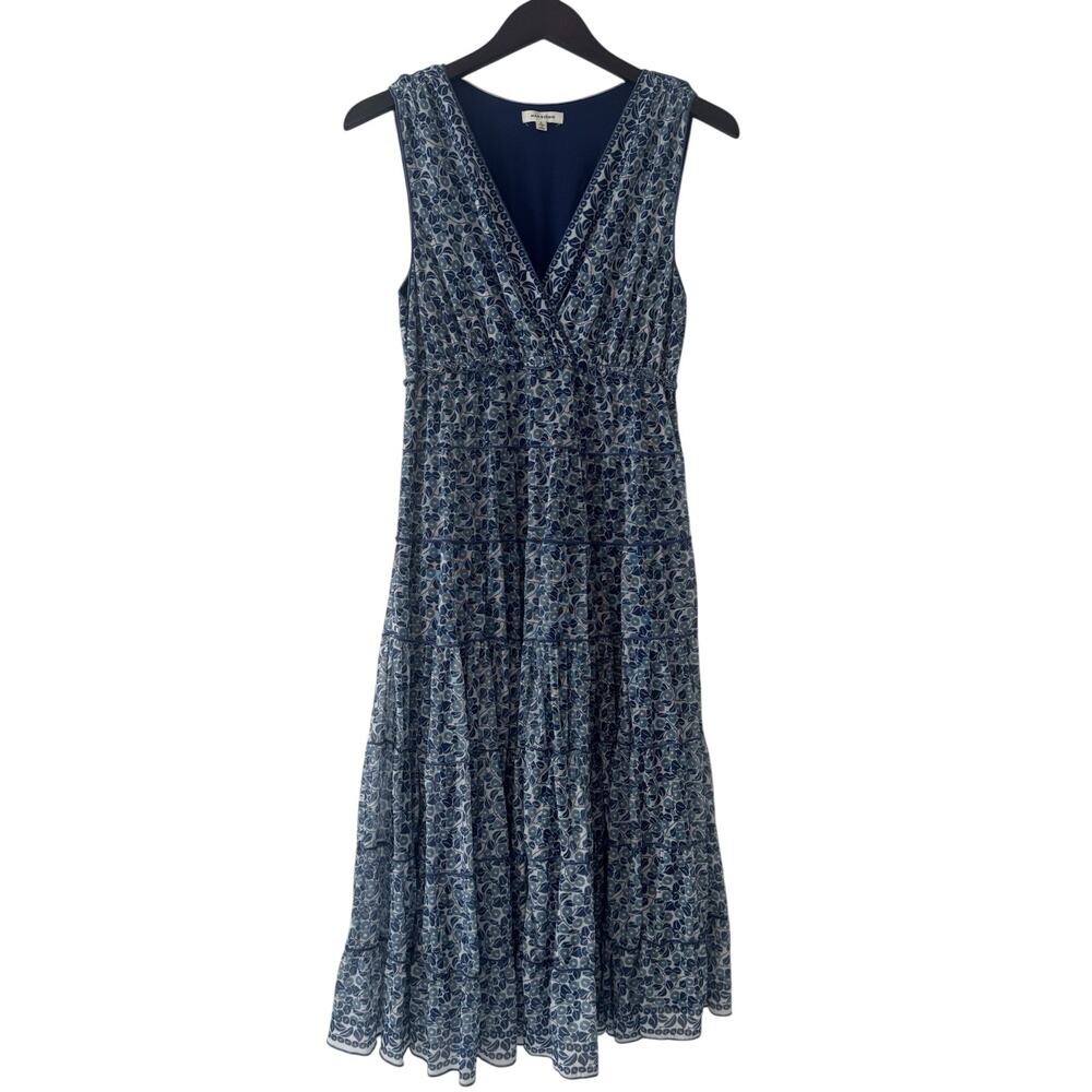 Max Studio Sleeveless Mesh Tiered Midi Dress Women's Large Blue Floral Cottage